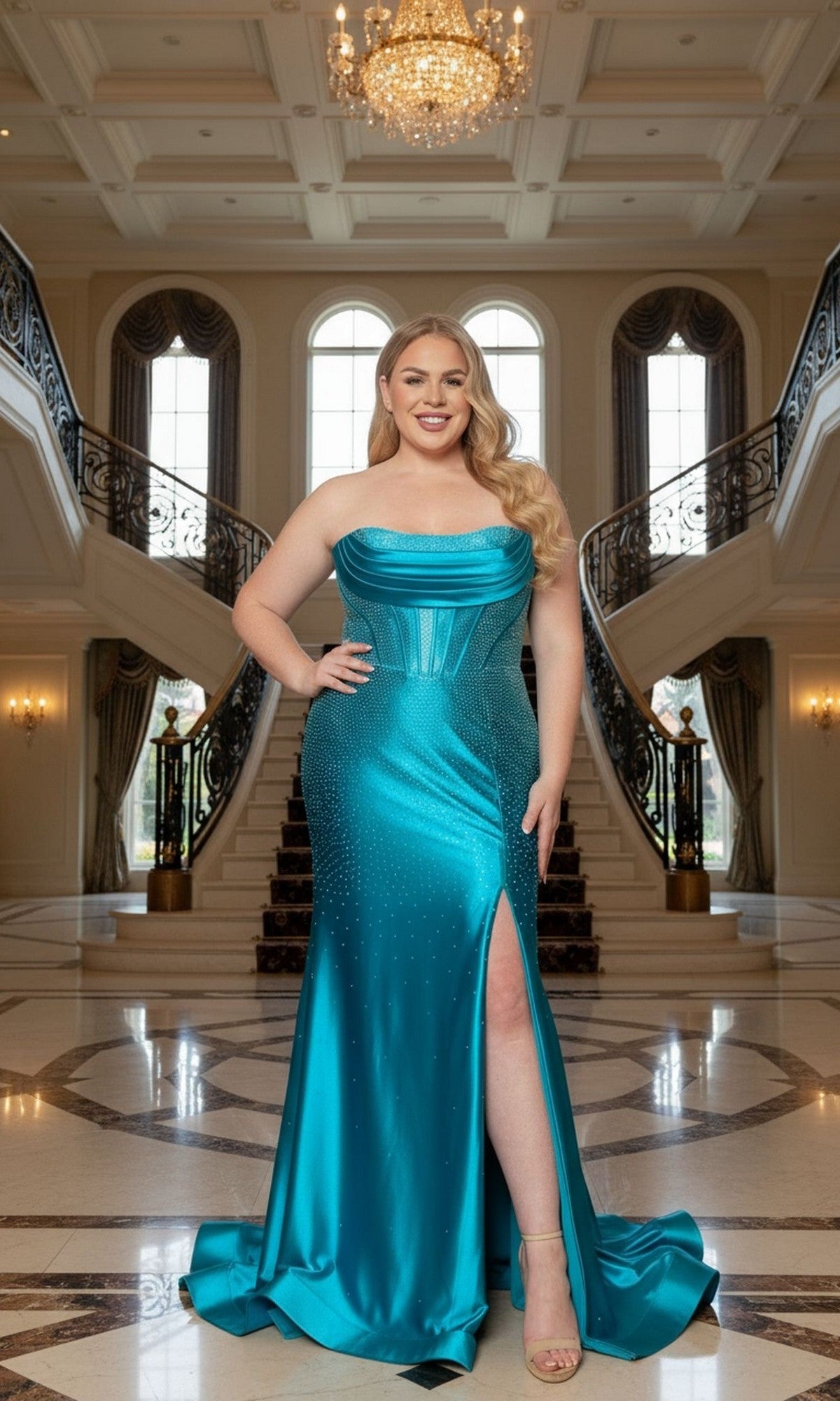 A woman stands smiling in a grand foyer, wearing the Poly USA W1232 long plus-size prom dress in turquoise. The strapless gown features rhinestone embellishments and a thigh-high slit, perfectly complementing the elegant marble surroundings.